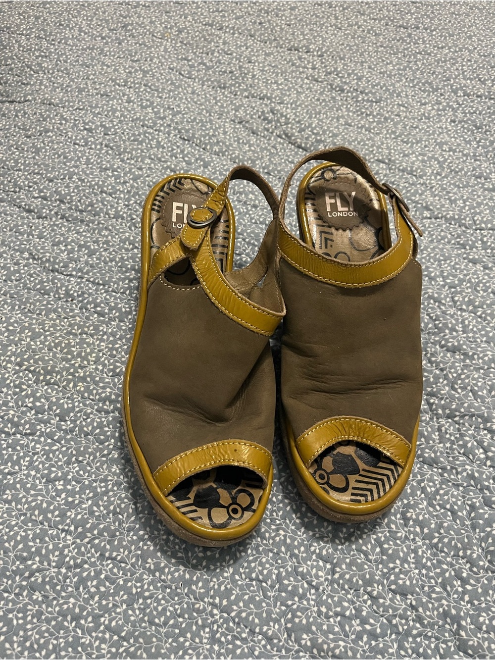 Fly London Olive and Mustard Leather Slingback Sandals